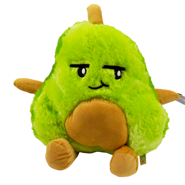 Avocado Plüschtier ca. 38 cm mit chilligem Blick (halb geschlossene Augen) – flauschige grüne Plüsch-Avocado mit braunem Kern, sitzend als witzige Deko oder Kuscheltier.